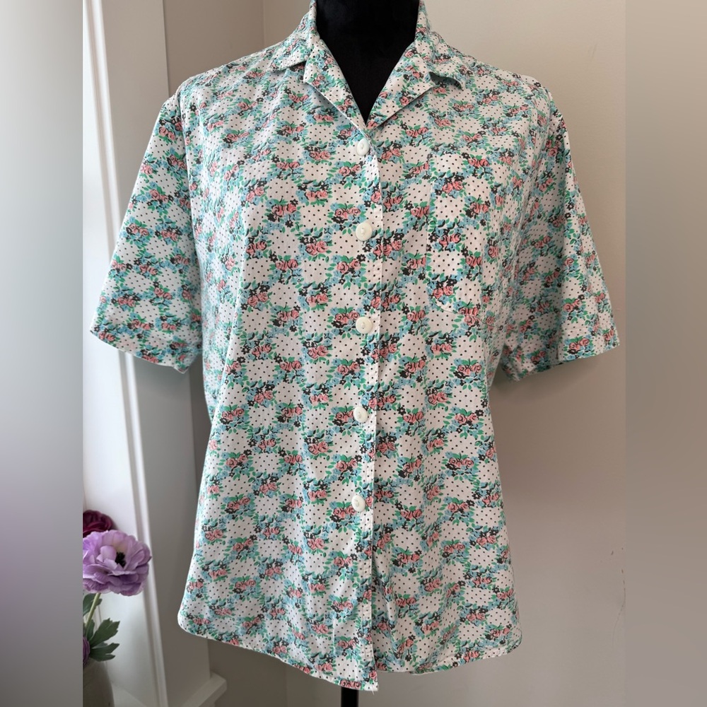 Vintage Cabin Creek Spring Flowers Short Sleeve Button Down Shirt Womens Large